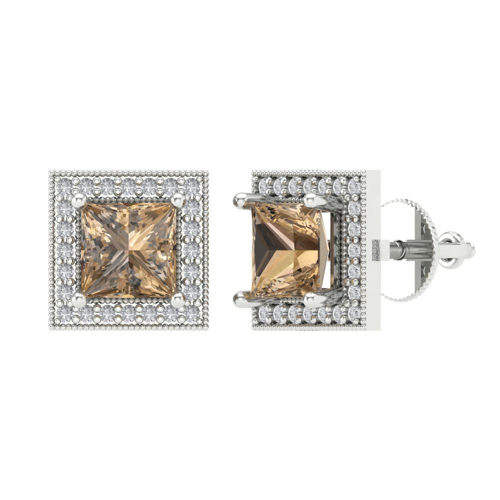 2.24 ctw Champagne Studs Earrings | 5.5mm Princess Cut White Gold Screw back | April Birthstone