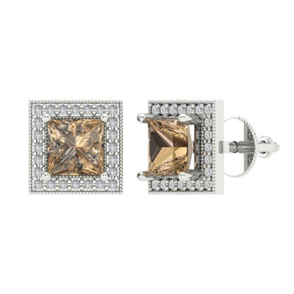 2.24 ctw Champagne Studs Earrings | 5.5mm Princess Cut White Gold Screw back | April Birthstone