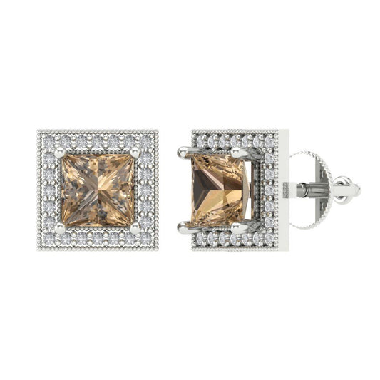 2.24 ctw Champagne Studs Earrings | 5.5mm Princess Cut White Gold Screw back | April Birthstone