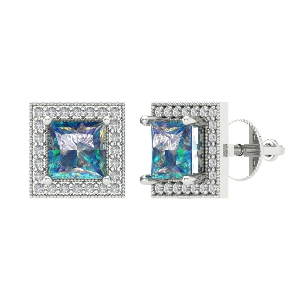 2.24 ctw Blue Moissanite Studs Earrings | 5.5mm Princess Cut White Gold Screw back | April Birthstone