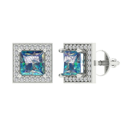 2.24 ctw Blue Moissanite Studs Earrings | 5.5mm Princess Cut White Gold Screw back | April Birthstone