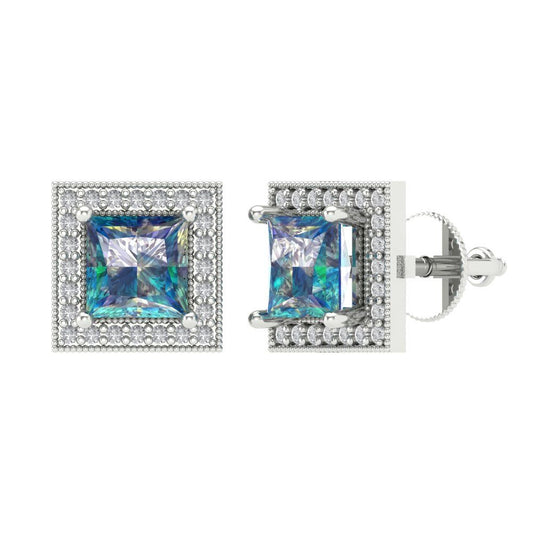 2.24 ctw Blue Moissanite Studs Earrings | 5.5mm Princess Cut White Gold Screw back | April Birthstone