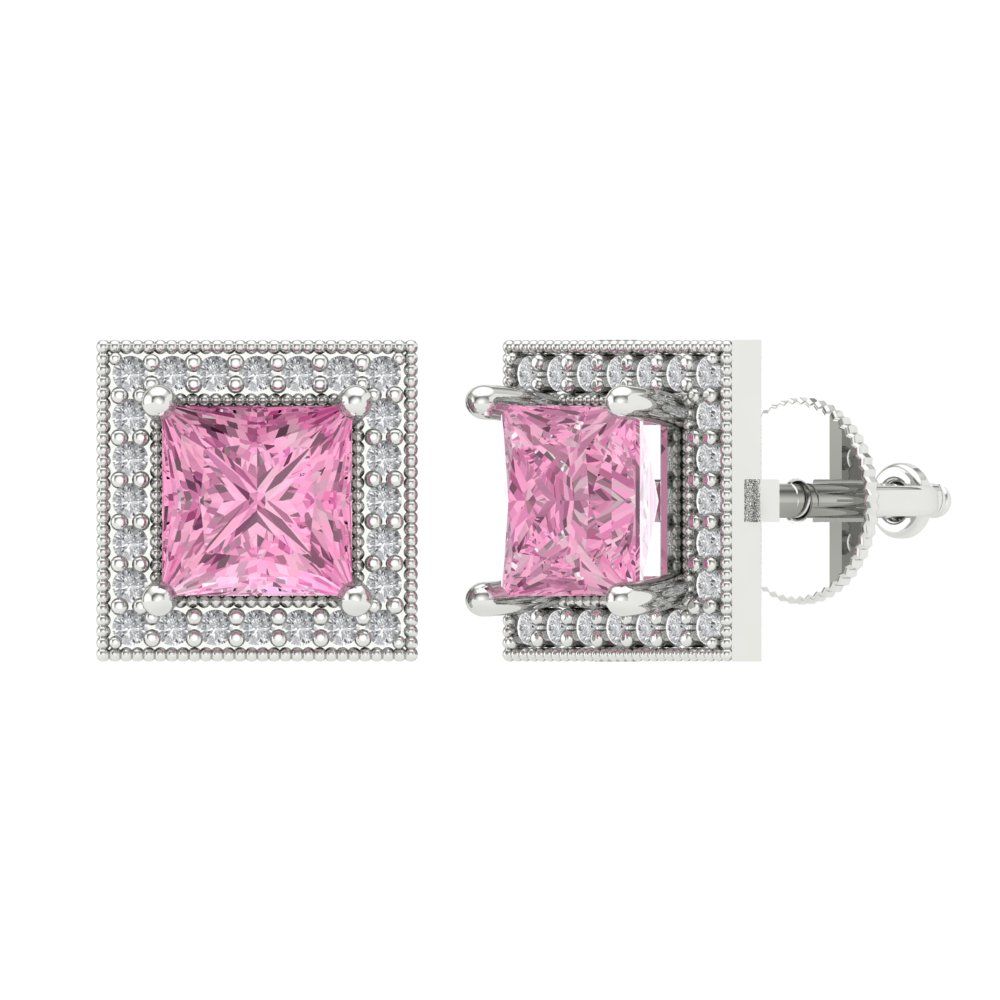 2.24 ctw Pink Zirconia Studs Earrings | 5.5mm Princess Cut White Gold Screw back | April Birthstone
