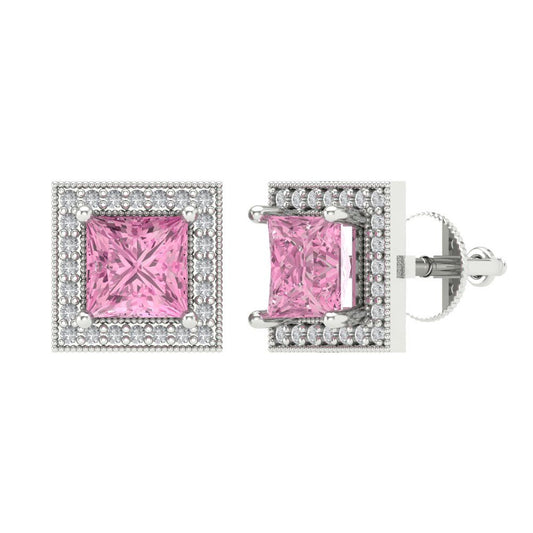 2.24 ctw Pink Zirconia Studs Earrings | 5.5mm Princess Cut White Gold Screw back | April Birthstone
