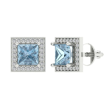 2.24 ctw Swiss Blue Topaz Studs Earrings | 5.5mm Princess Cut White Gold Screw back | December Birthstone