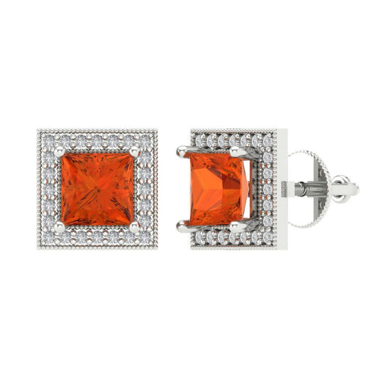 2.24 ctw Red Zirconia Studs Earrings | 5.5mm Princess Cut White Gold Screw back | April Birthstone
