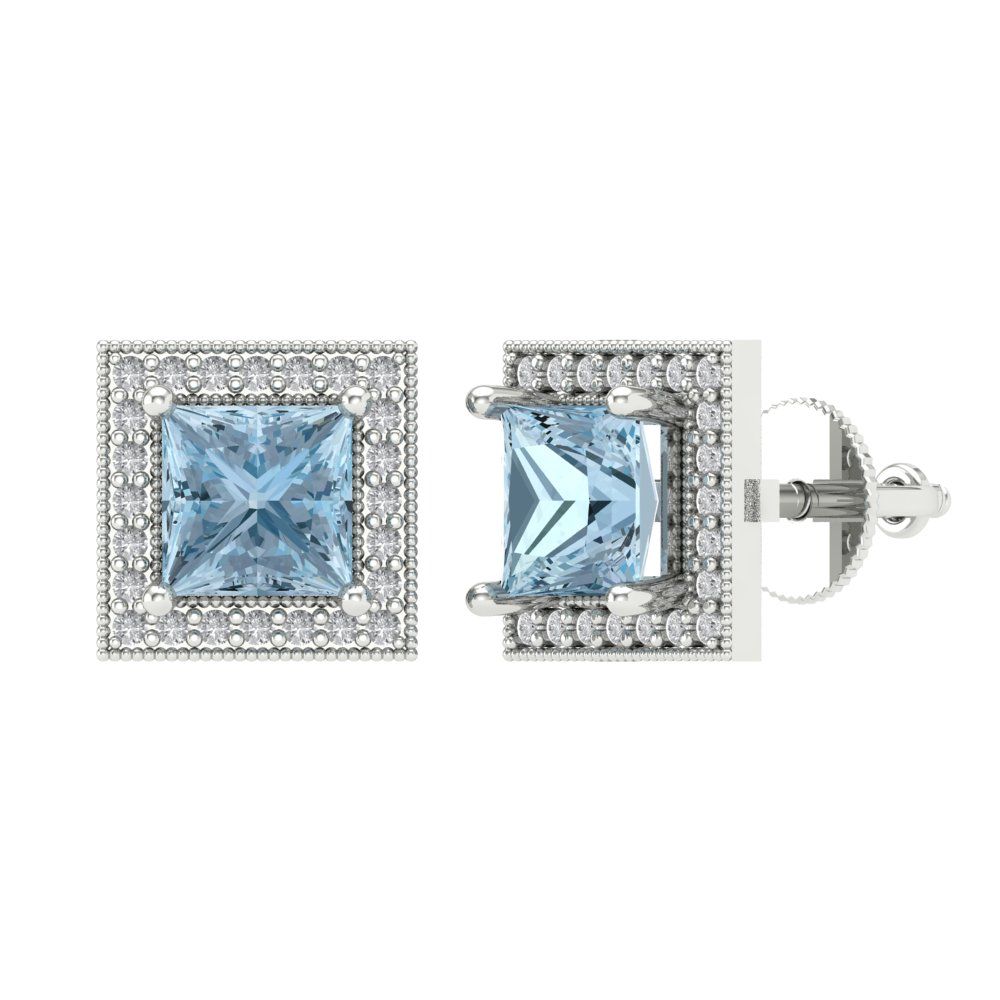 2.24 ctw Aquamarine Studs Earrings | 5.5mm Princess Cut White Gold Screw back | March Birthstone
