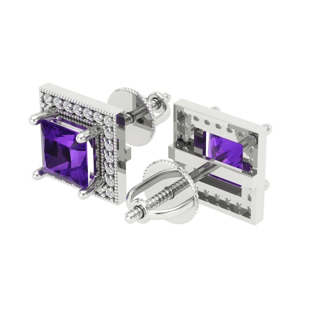 2.24 ctw Amethyst Studs Earrings | 5.5mm Princess Cut White Gold Screw back | February Birthstone