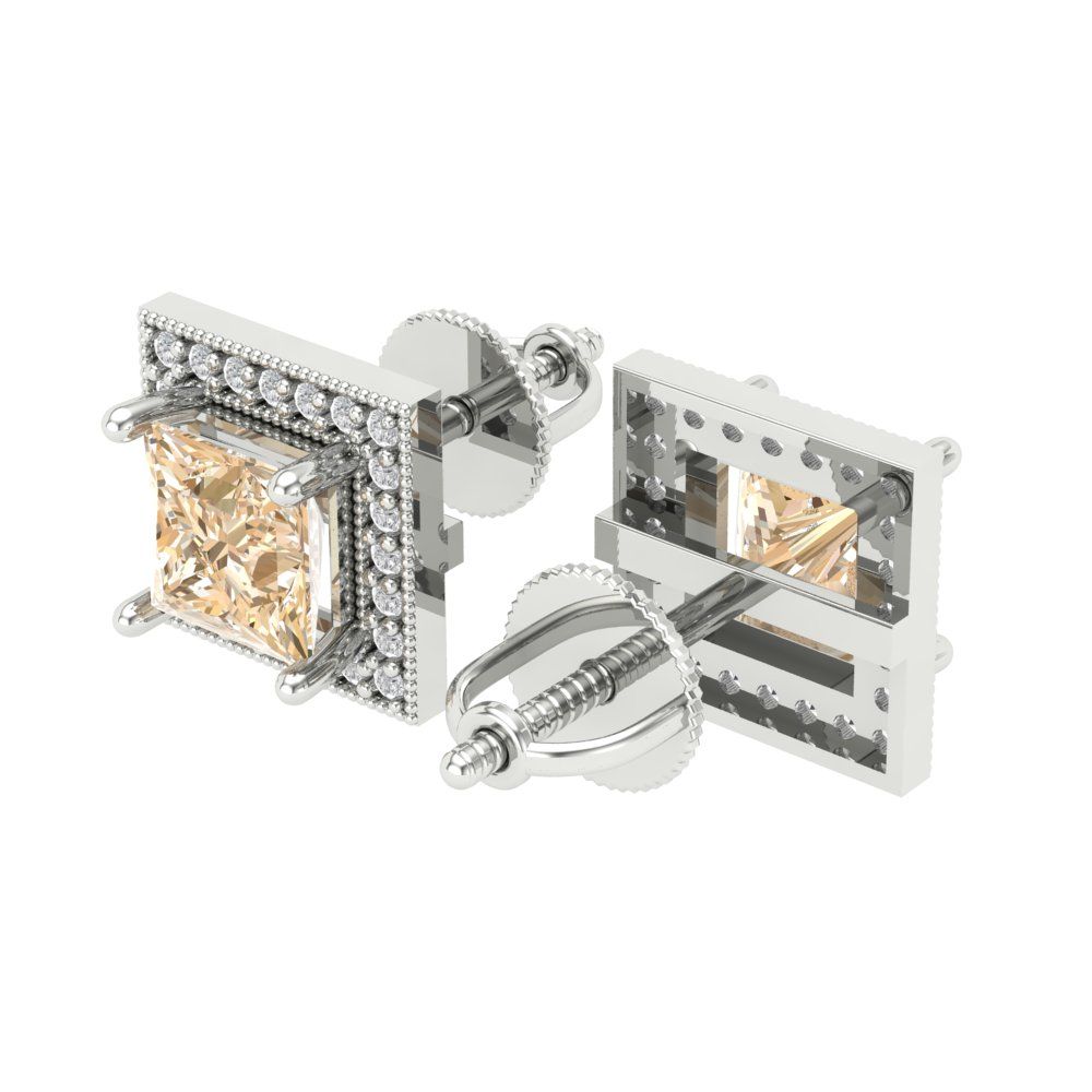 2.24 ctw Morganite Studs Earrings | 5.5mm Princess Cut White Gold Screw back | February Birthstone