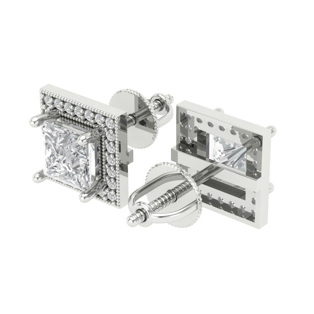 2.24 ctw White Sapphire Studs Earrings | 5.5mm Princess Cut White Gold Screw back | April Birthstone