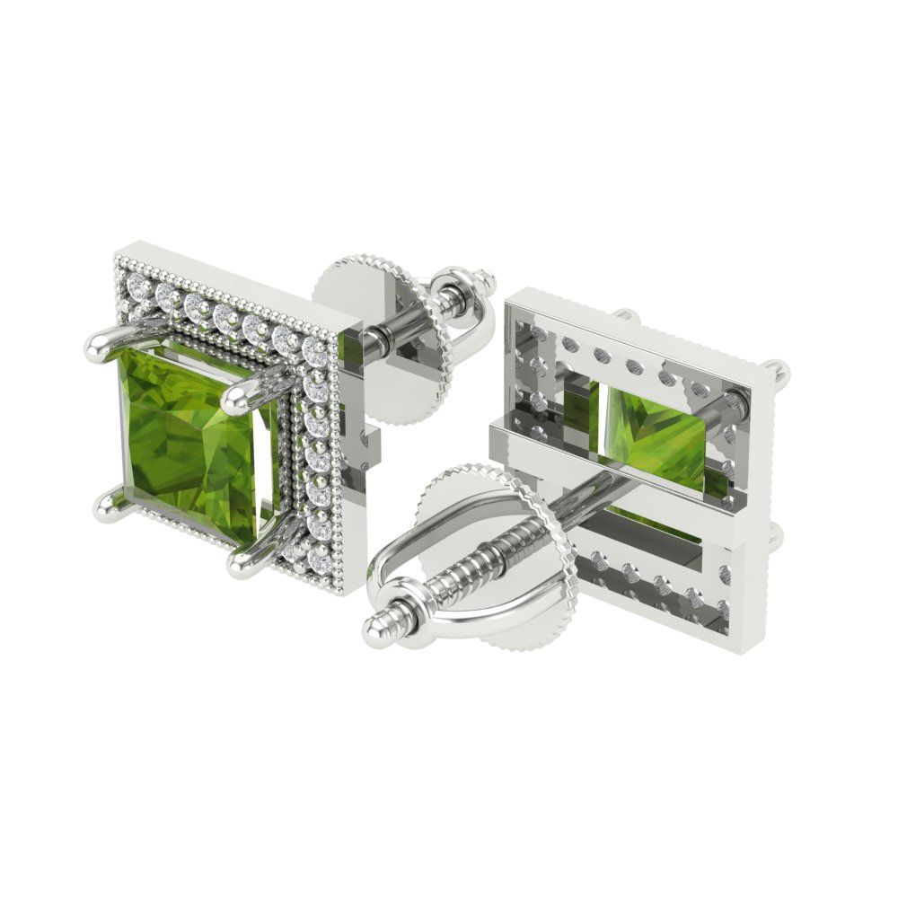 2.24 ctw Peridot Studs Earrings | 5.5mm Princess Cut White Gold Screw back | August Birthstone