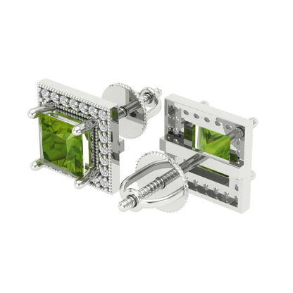 2.24 ctw Peridot Studs Earrings | 5.5mm Princess Cut White Gold Screw back | August Birthstone