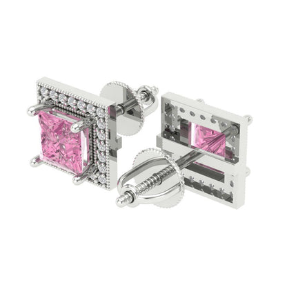 2.24 ctw Pink Zirconia Studs Earrings | 5.5mm Princess Cut White Gold Screw back | April Birthstone