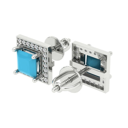 2.24 ctw Turquoise Studs Earrings | 5.5mm Princess Cut White Gold Screw back | December Birthstone