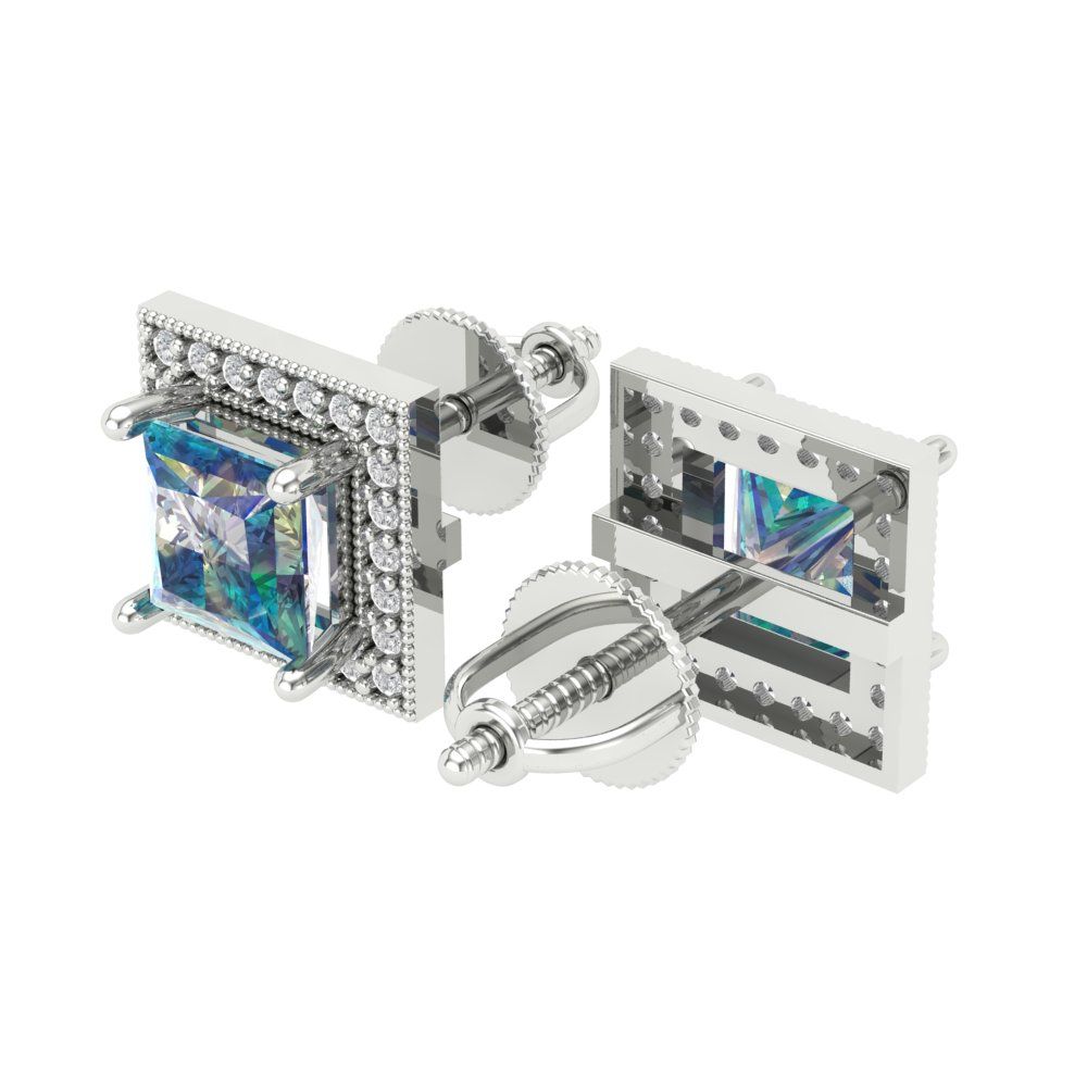 2.24 ctw Blue Moissanite Studs Earrings | 5.5mm Princess Cut White Gold Screw back | April Birthstone
