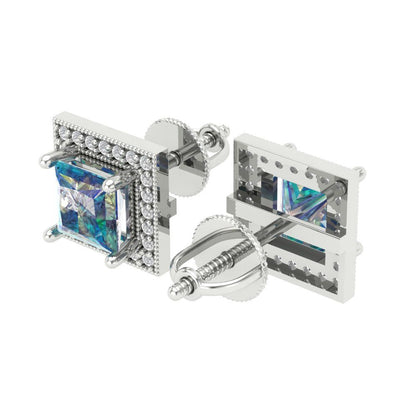 2.24 ctw Blue Moissanite Studs Earrings | 5.5mm Princess Cut White Gold Screw back | April Birthstone