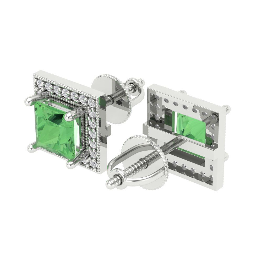 2.24 ctw Green Zirconia Studs Earrings | 5.5mm Princess Cut White Gold Screw back | April Birthstone