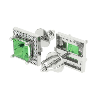 2.24 ctw Green Zirconia Studs Earrings | 5.5mm Princess Cut White Gold Screw back | April Birthstone