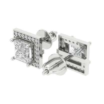2.24 ctw Zirconia Diamond Studs Earrings | 5.5mm Princess Cut White Gold Screw back | April Birthstone