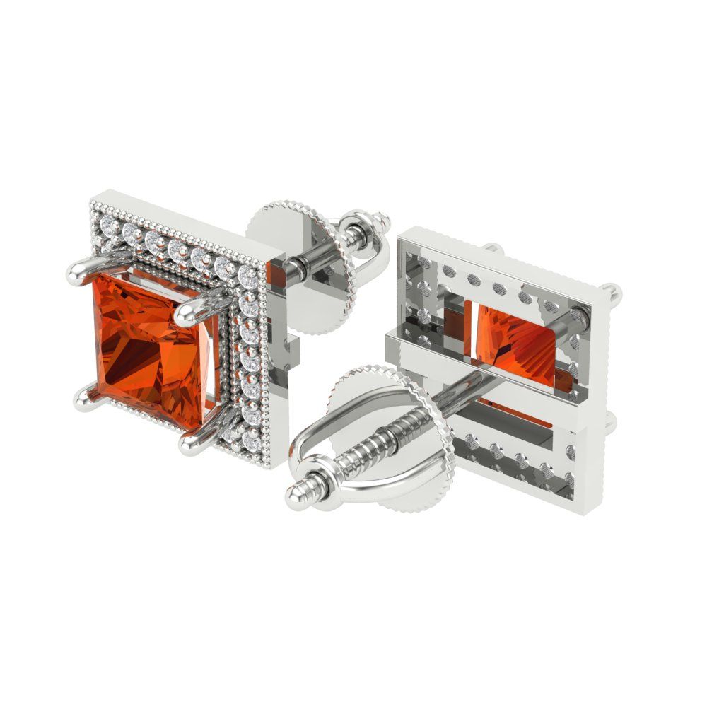 2.24 ctw Red Zirconia Studs Earrings | 5.5mm Princess Cut White Gold Screw back | April Birthstone