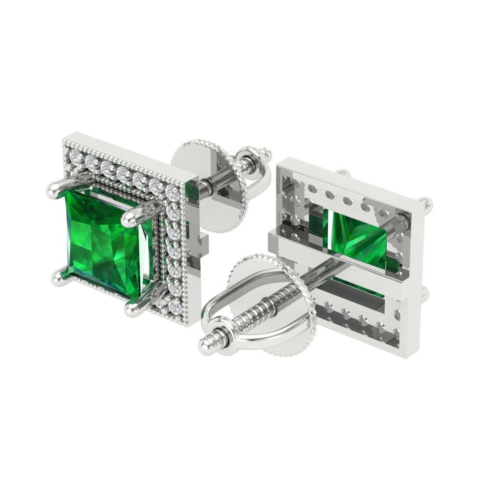 2.24 ctw Emerald Studs Earrings | 5.5mm Princess Cut White Gold Screw back | May Birthstone
