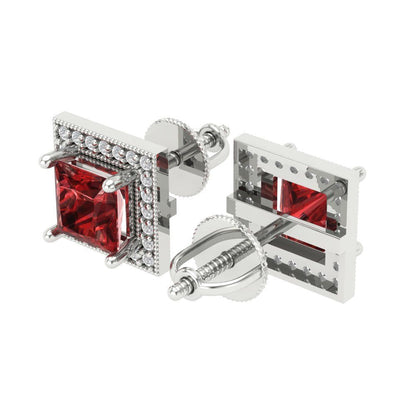 2.24 ctw Garnet Studs Earrings | 5.5mm Princess Cut White Gold Screw back | January Birthstone