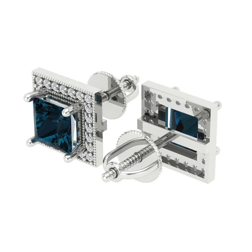 2.24 ctw London Blue Topaz Studs Earrings | 5.5mm Princess Cut White Gold Screw back | December Birthstone