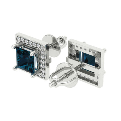 2.24 ctw London Blue Topaz Studs Earrings | 5.5mm Princess Cut White Gold Screw back | December Birthstone