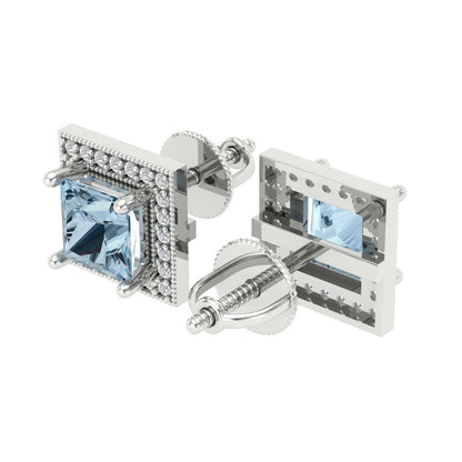 2.24 ctw Blue Zirconia Studs Earrings | 5.5mm Princess Cut White Gold Screw back | April Birthstone
