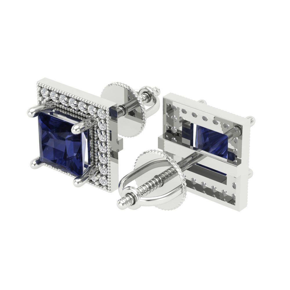 2.24 ctw Blue Sapphire Studs Earrings | 5.5mm Princess Cut White Gold Screw back | September Birthstone