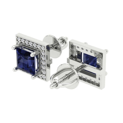 2.24 ctw Blue Sapphire Studs Earrings | 5.5mm Princess Cut White Gold Screw back | September Birthstone