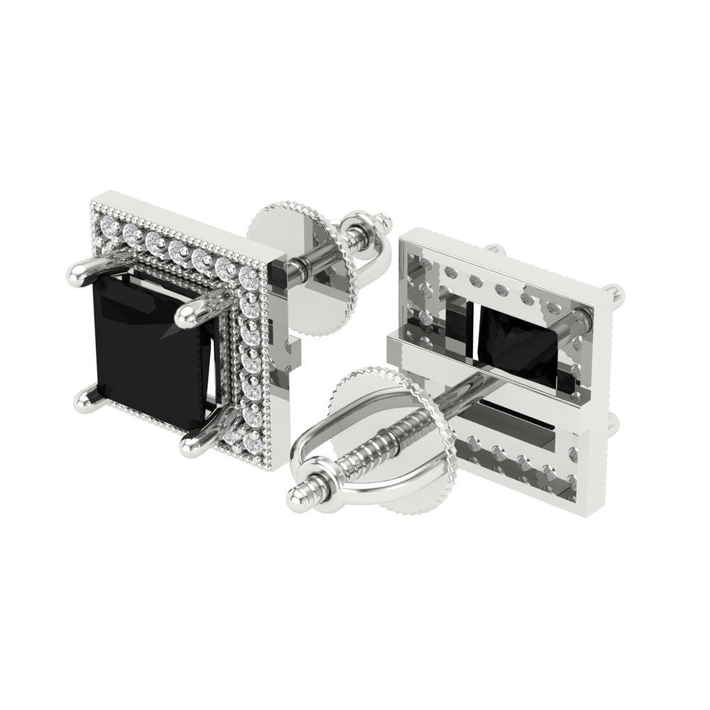 2.24 ctw Onyx Studs Earrings | 5.5mm Princess Cut White Gold Screw back | July Birthstone