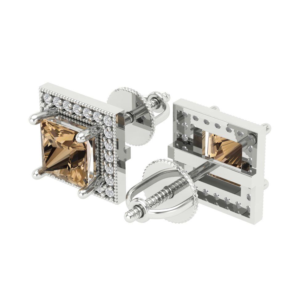 2.24 ctw Champagne Studs Earrings | 5.5mm Princess Cut White Gold Screw back | April Birthstone
