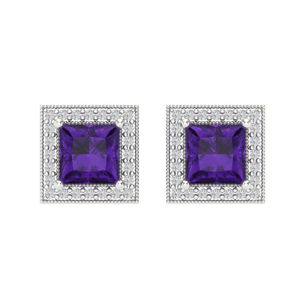 2.24 ctw Amethyst Studs Earrings | 5.5mm Princess Cut White Gold Screw back | February Birthstone