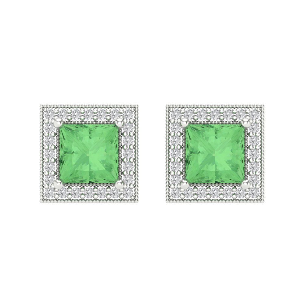 2.24 ctw Green Zirconia Studs Earrings | 5.5mm Princess Cut White Gold Screw back | April Birthstone