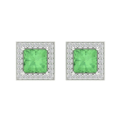 2.24 ctw Green Zirconia Studs Earrings | 5.5mm Princess Cut White Gold Screw back | April Birthstone