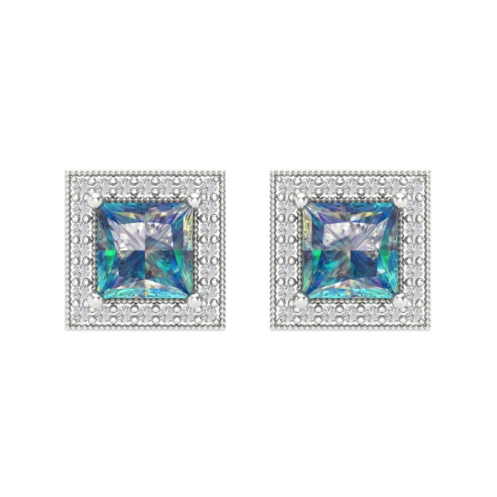 2.24 ctw Blue Moissanite Studs Earrings | 5.5mm Princess Cut White Gold Screw back | April Birthstone