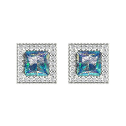 2.24 ctw Blue Moissanite Studs Earrings | 5.5mm Princess Cut White Gold Screw back | April Birthstone