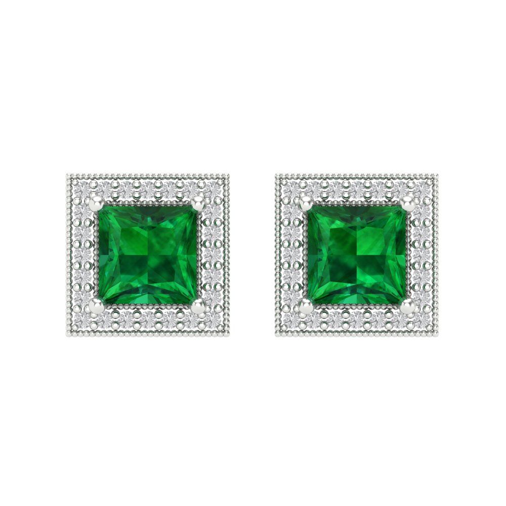 2.24 ctw Emerald Studs Earrings | 5.5mm Princess Cut White Gold Screw back | May Birthstone
