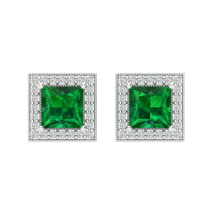 2.24 ctw Emerald Studs Earrings | 5.5mm Princess Cut White Gold Screw back | May Birthstone