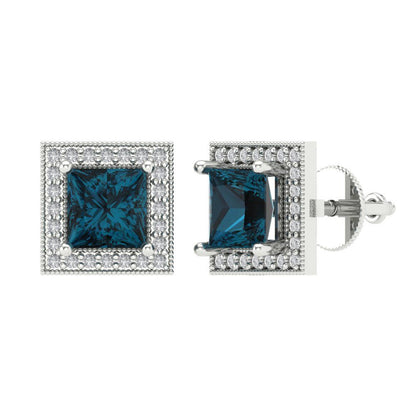 2.24 ctw London Blue Topaz Studs Earrings | 5.5mm Princess Cut White Gold Screw back | December Birthstone