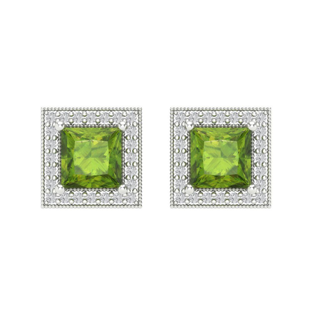 2.24 ctw Peridot Studs Earrings | 5.5mm Princess Cut White Gold Screw back | August Birthstone