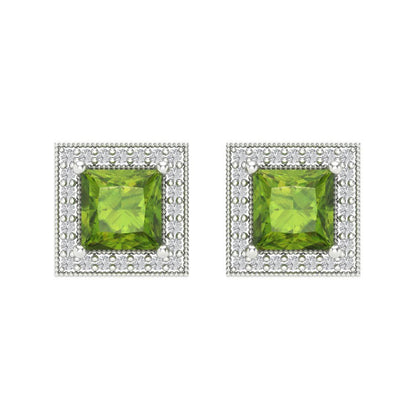 2.24 ctw Peridot Studs Earrings | 5.5mm Princess Cut White Gold Screw back | August Birthstone