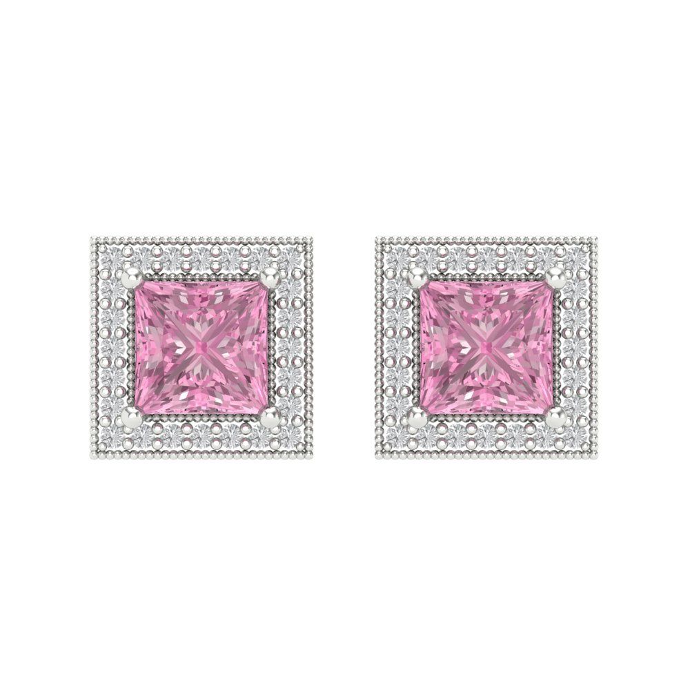 2.24 ctw Pink Zirconia Studs Earrings | 5.5mm Princess Cut White Gold Screw back | April Birthstone