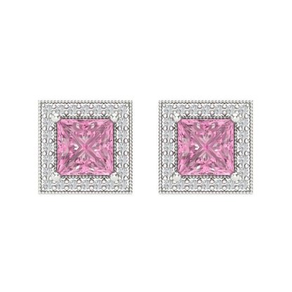 2.24 ctw Pink Zirconia Studs Earrings | 5.5mm Princess Cut White Gold Screw back | April Birthstone