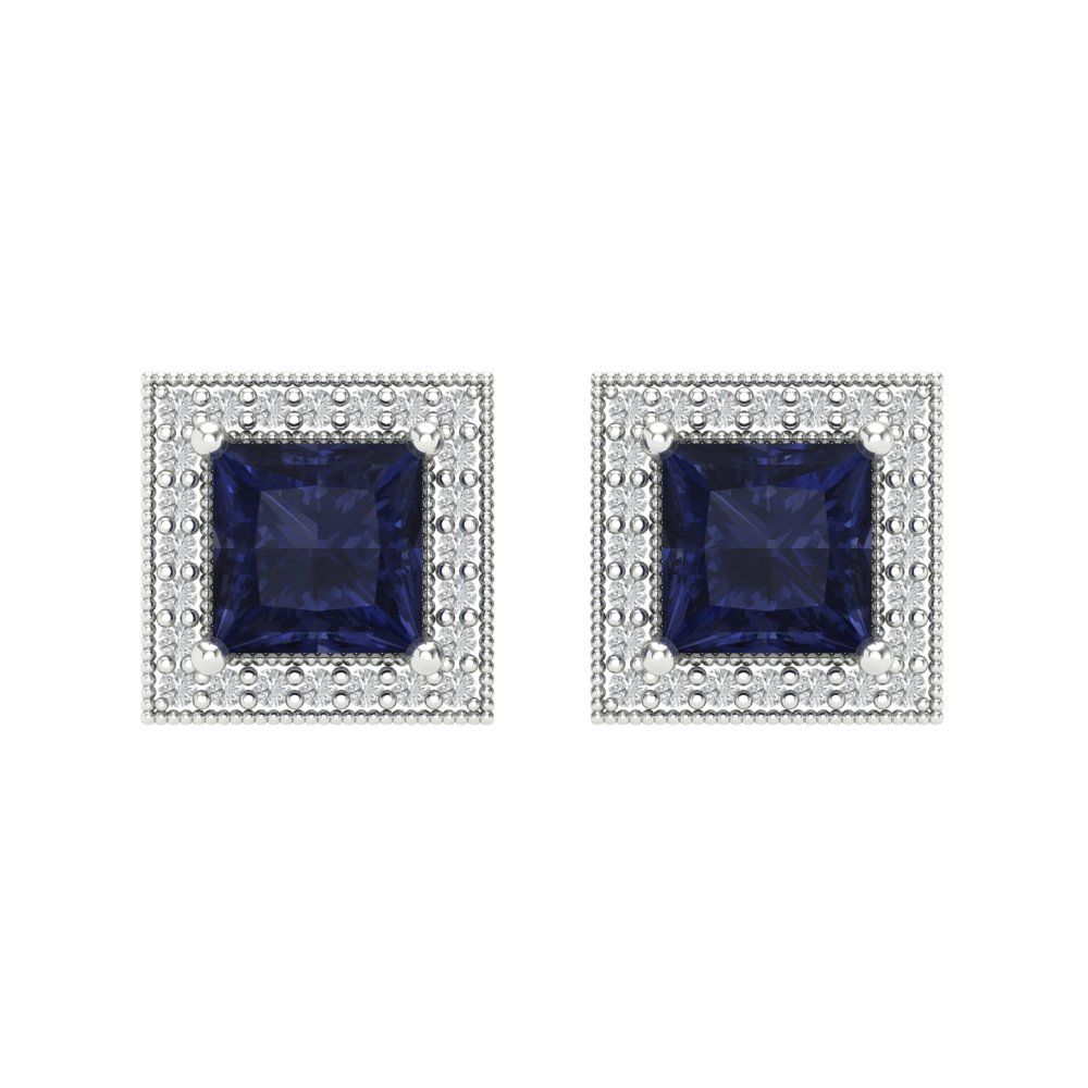 2.24 ctw Blue Sapphire Studs Earrings | 5.5mm Princess Cut White Gold Screw back | September Birthstone