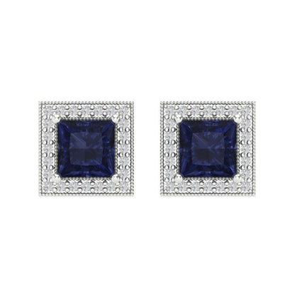 2.24 ctw Blue Sapphire Studs Earrings | 5.5mm Princess Cut White Gold Screw back | September Birthstone