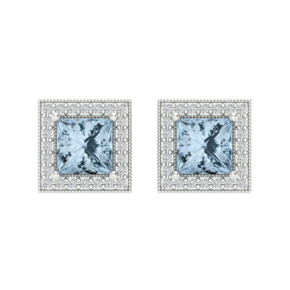 2.24 ctw Blue Zirconia Studs Earrings | 5.5mm Princess Cut White Gold Screw back | April Birthstone