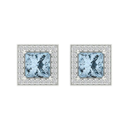2.24 ctw Blue Zirconia Studs Earrings | 5.5mm Princess Cut White Gold Screw back | April Birthstone