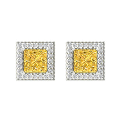 2.24 ctw Yellow Zirconia Studs Earrings | 5.5mm Princess Cut White Gold Screw back | April Birthstone